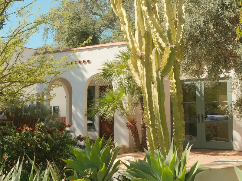 Casa blanca con paisajismo desértico: cactus, agaves y arbustos en flor