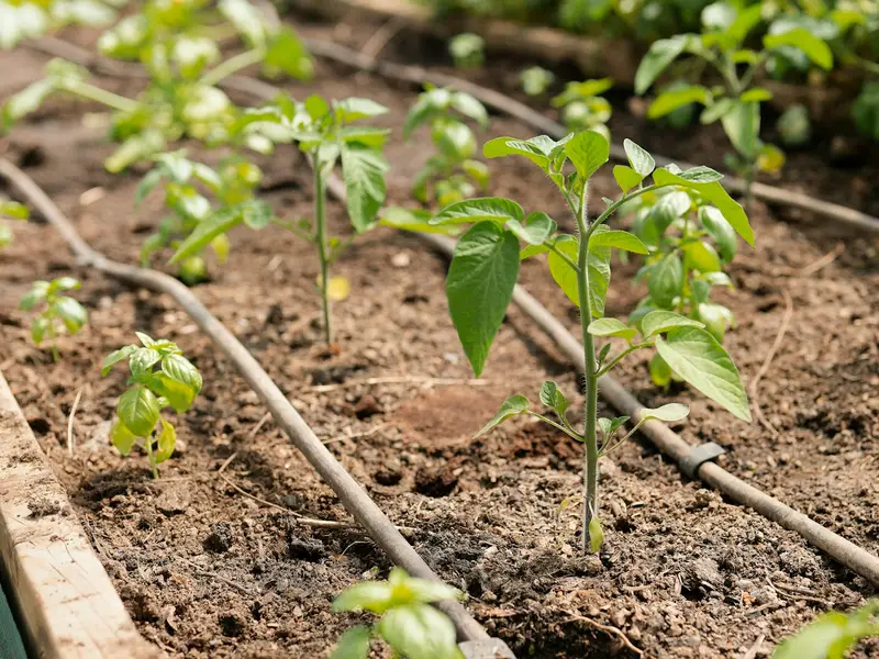 Líneas de riego por goteo en un bancal plantado